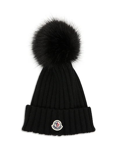 Moncler Wool Beanie with Faux Fur Pom Pom