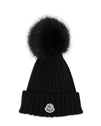 Moncler Wool Beanie with Faux Fur Pom Pom