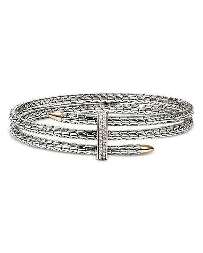 Sterling Silver & 14K Yellow Gold Diamond Spear Triple Flex Cuff Bracelet
