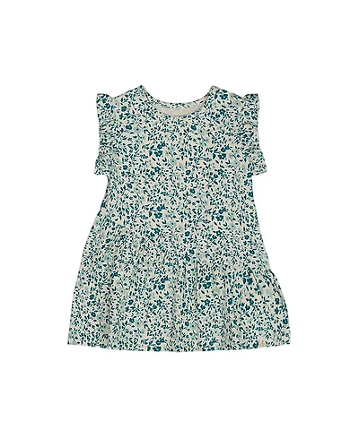 Deux par Deux Girls' Organic Cotton Small Turquoise Flowers Printed Tunic Top - Big Kid