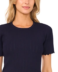 Short Sleeve Crewneck Keyhole Back Top with Pointelle and Rib