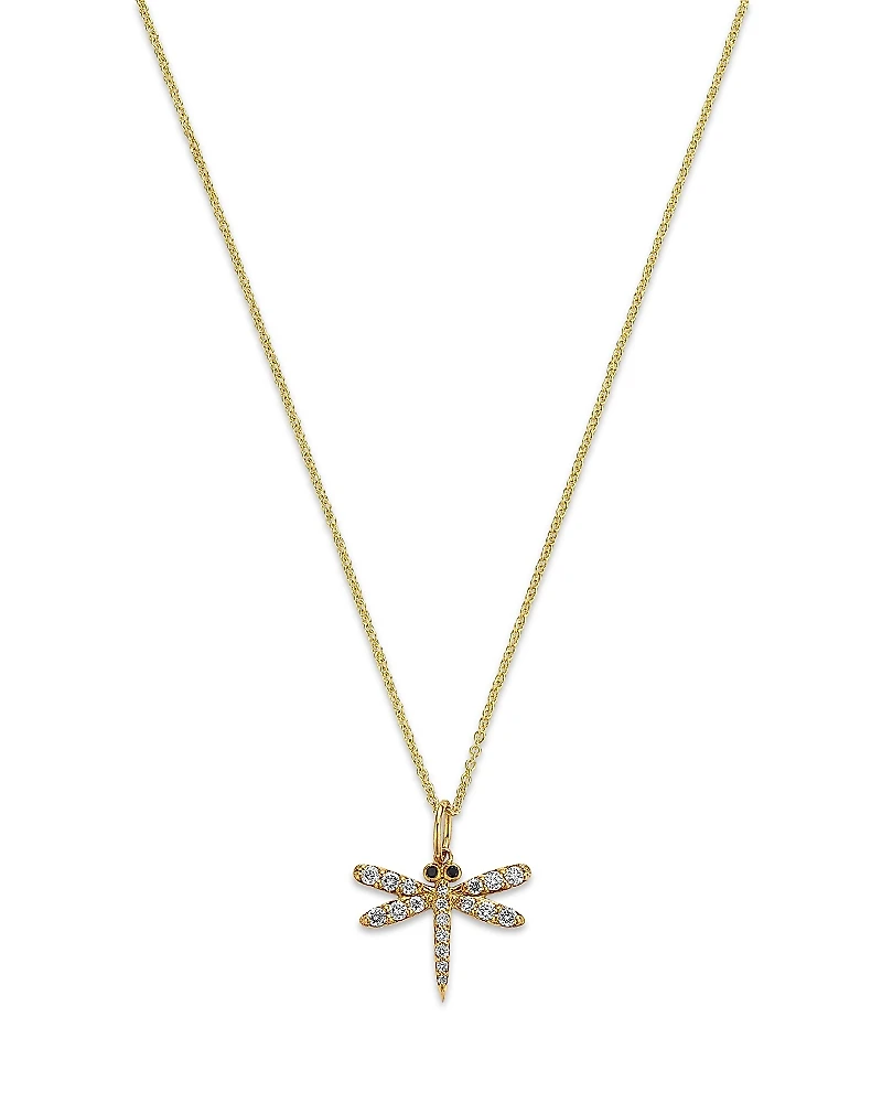Sydney Evan 14K Yellow Gold Black & White Diamond Dragonfly Pendant Necklace, 18