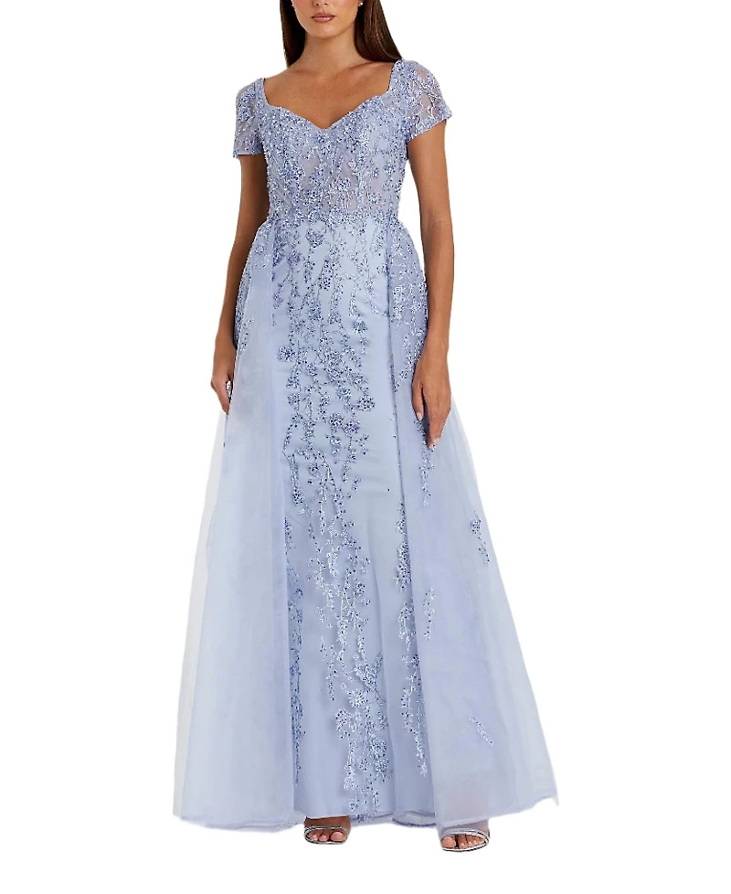 Mac Duggal Cap Sleeve Beaded Embroidered Overskirt Gown