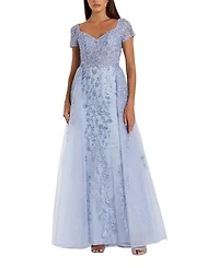 Mac Duggal Cap Sleeve Beaded Embroidered Overskirt Gown