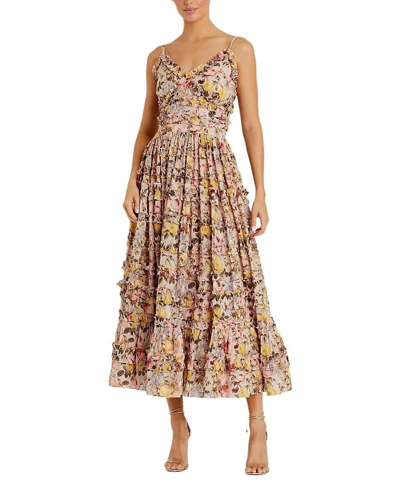Mac Duggal Floral Print Ruffle Tiered Midi Dress