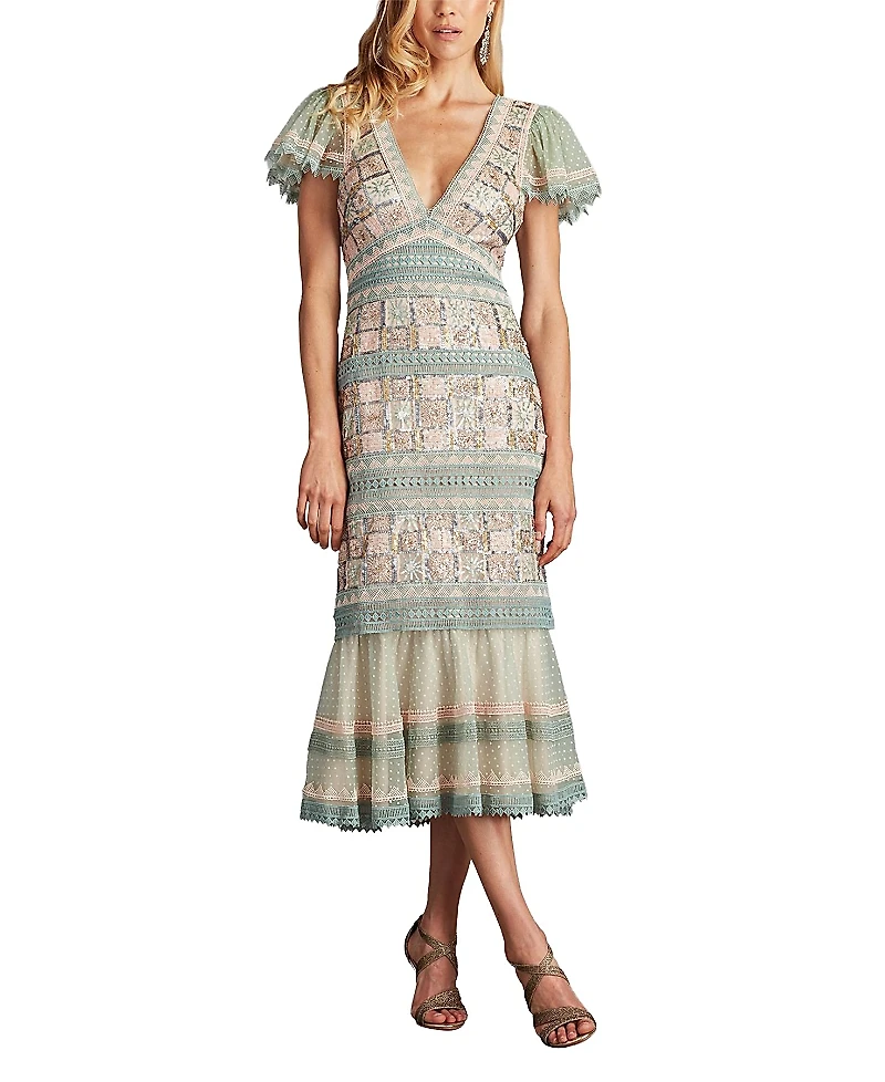 Tadashi Shoji Belle Sequin Lace Panel Midi Dress