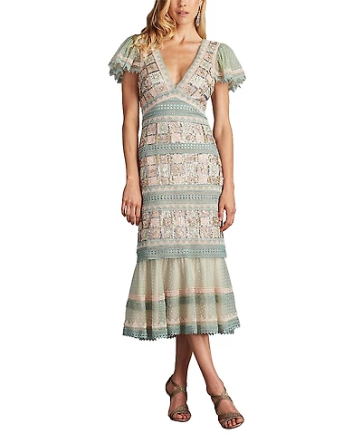 Tadashi Shoji Belle Sequin Lace Panel Midi Dress