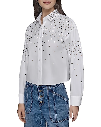 Karl Lagerfeld Paris Embellished Cropped Button Down Shirt