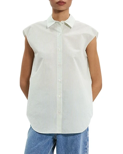Cinched Cap-Sleeve Shirt Striped Cotton-Blend