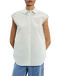 Cinched Cap-Sleeve Shirt Striped Cotton-Blend
