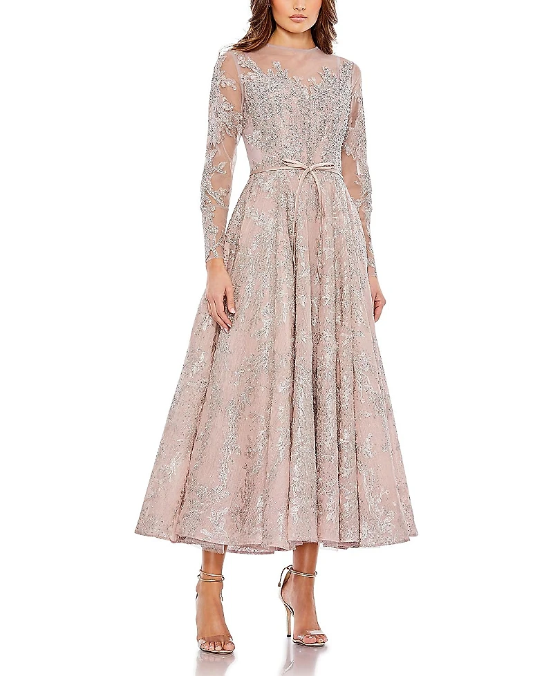 Mac Duggal Embellished Bow Belt Illusion Long Sleeve A Line Dress