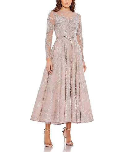 Mac Duggal Embellished Bow Belt Illusion Long Sleeve A Line Dress