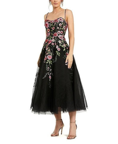 Mac Duggal Slim Strap Sheer Bustier Embroidered Dress
