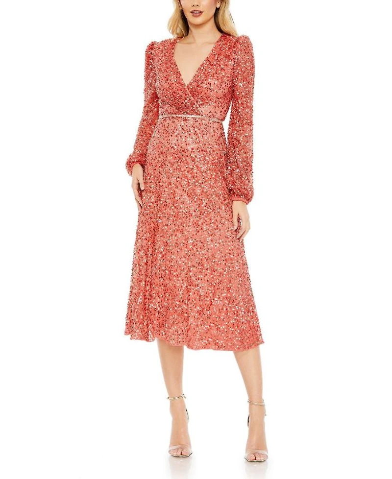 A-Line Wrap Dress with Dramatic Puff Sleeves
