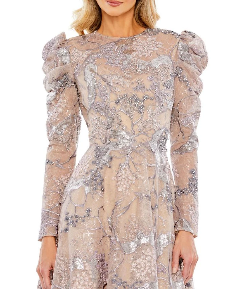 Embellished High Neck Puff Sleeve A-Line Dress