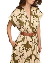 French Twill Floral Belted Midi Dress