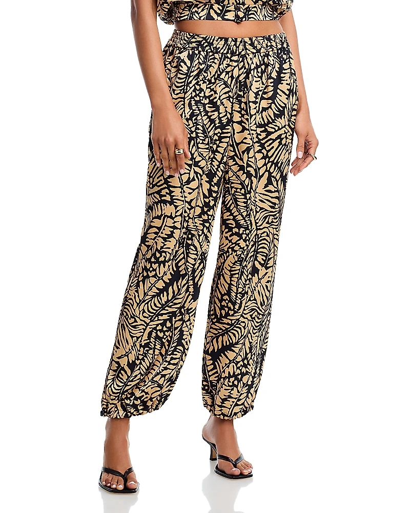 Aqua Satin Palm Leaf Jogger Pants