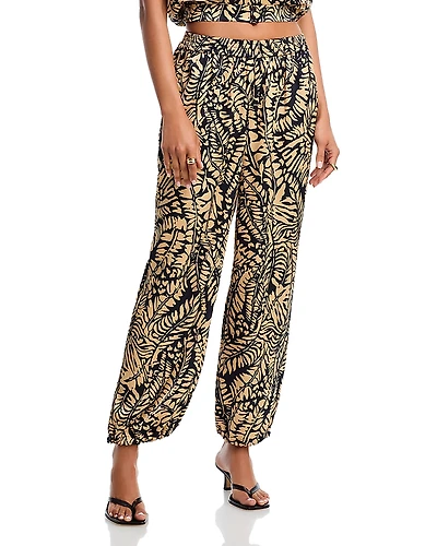 Aqua Satin Palm Leaf Jogger Pants