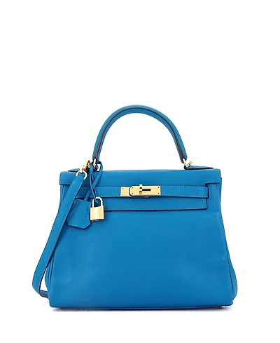 Pre-Owned HERMES Kelly 28 Handbag Blue Evercolor with Gold Hardware