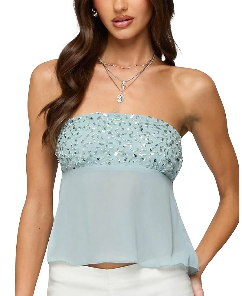 Edikted Beadie Sheer Chiffon Strapless Top