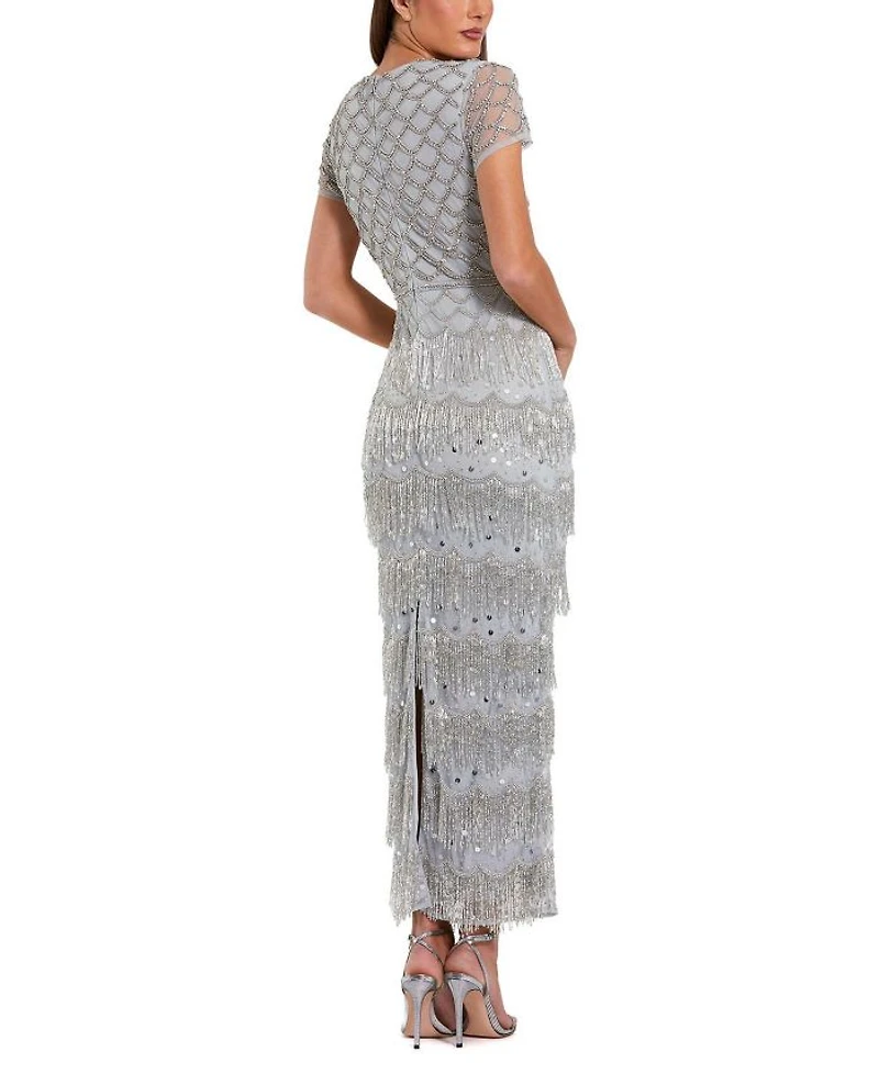 Fringe Embellished Mesh Short Sleeve Ankle Dress