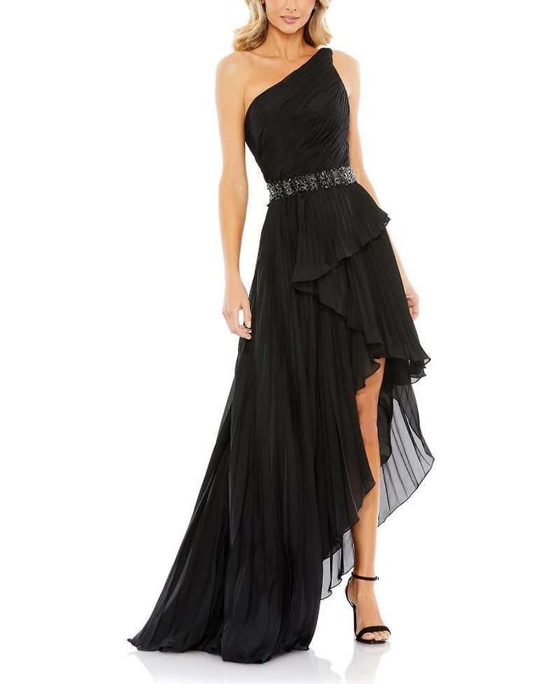 Embellished Gown with Strappy Open Back & Asymmetrical Ruffle Hem