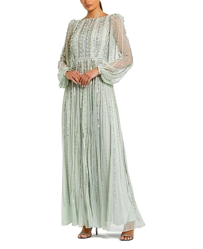 Boat Neck Long Sleeve Gown with Striped Beading