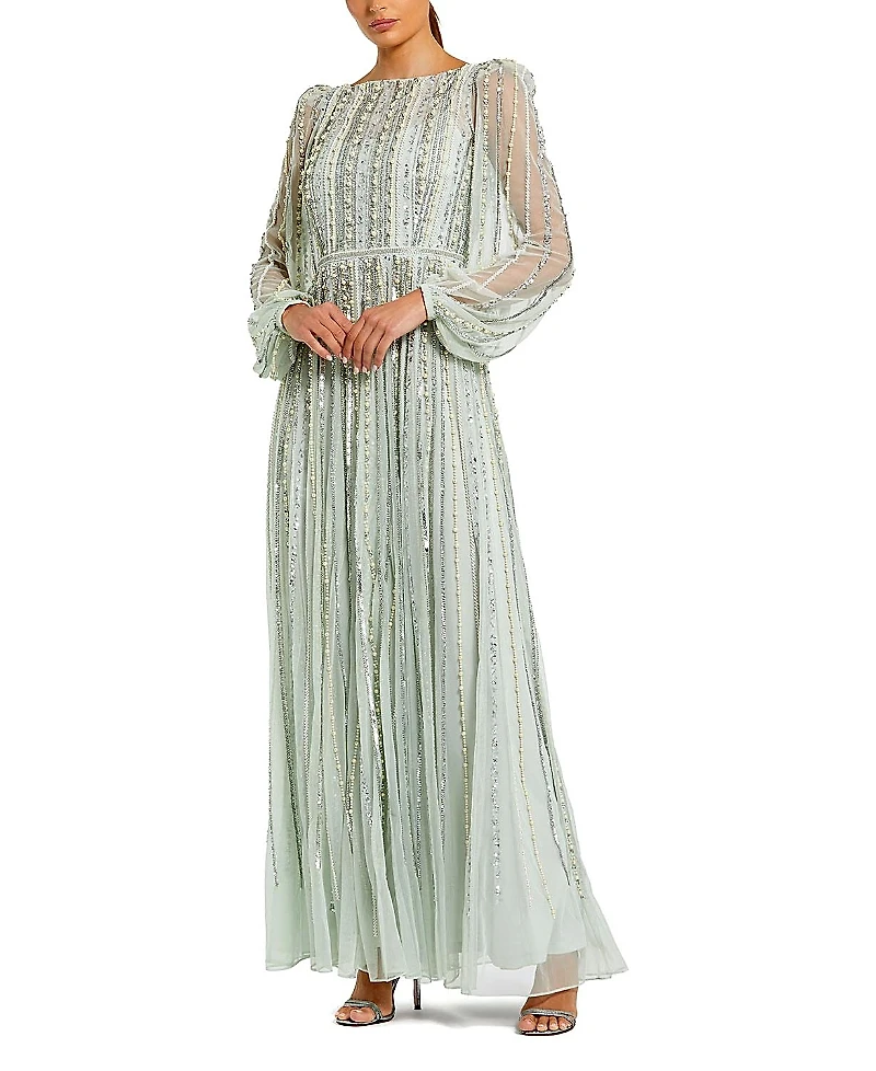 Mac Duggal Boat Neck Long Sleeve Gown with Striped Beading