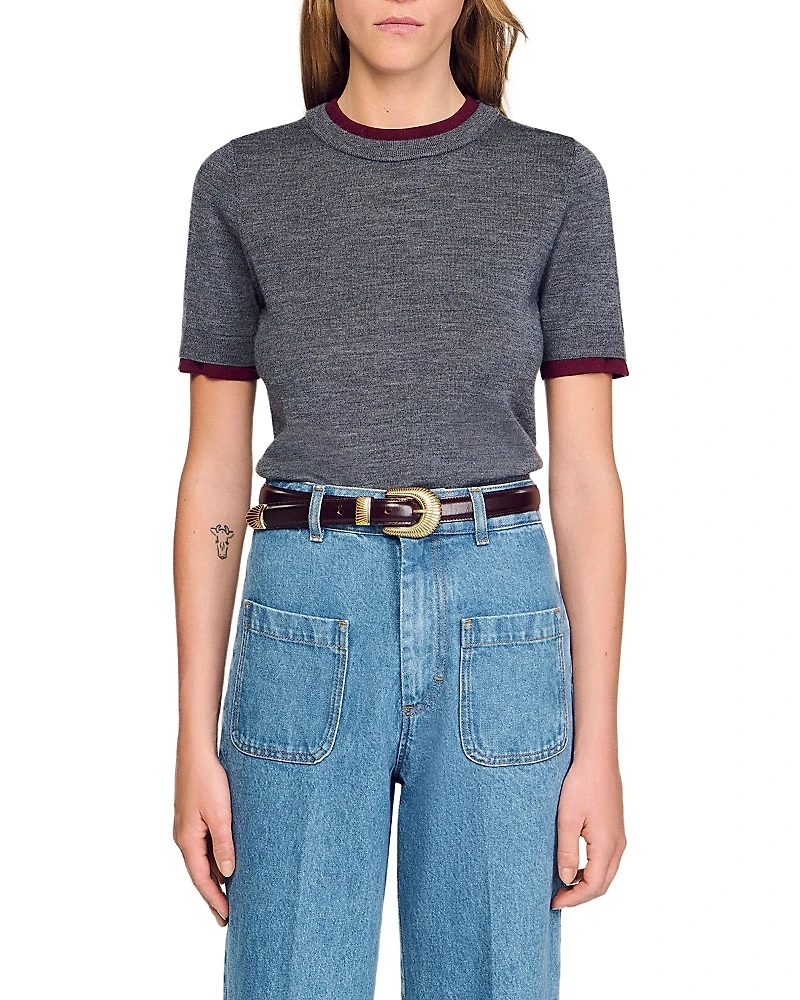 Sandro Two Tone Cropped Short Sleeve Sweater