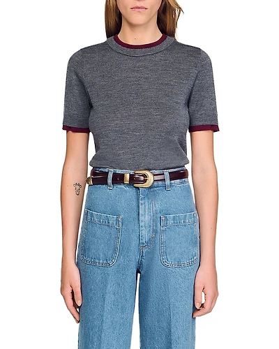 Sandro Two Tone Cropped Short Sleeve Sweater