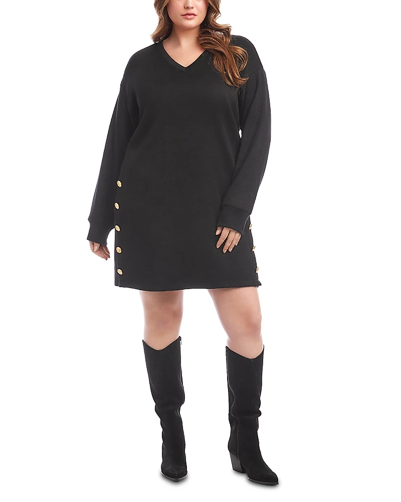 Karen Kane Plus Long Sleeve V Neck Button Detail Dress