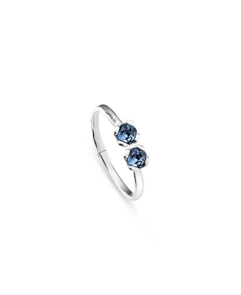 Sterling Silver-Plated Bangle Bracelet with Inner Spring and Two Blue Crystals