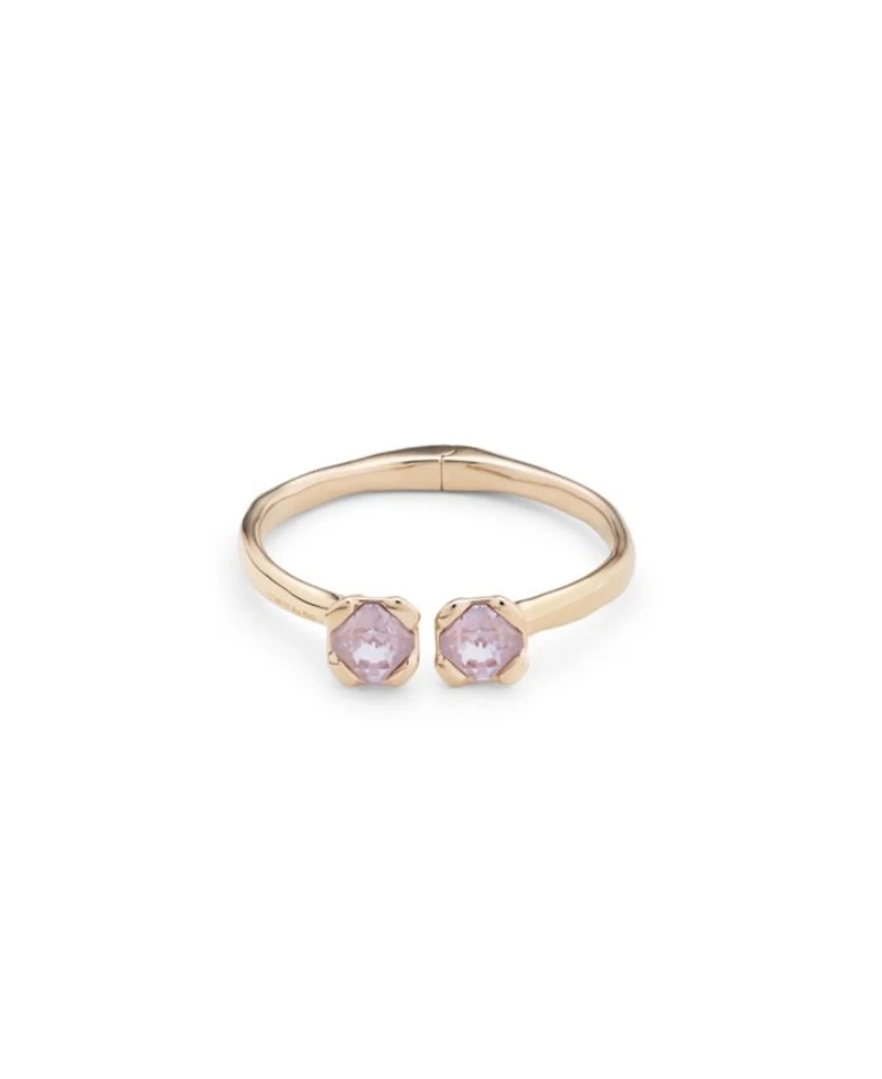 18K Gold Plated Metal Alloy Rigid Bracelet with Inner Spring and Two Pink Faceted Crystals