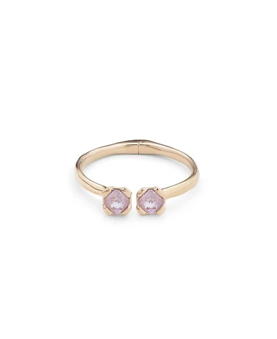 18K Gold Plated Metal Alloy Rigid Bracelet with Inner Spring and Two Pink Faceted Crystals