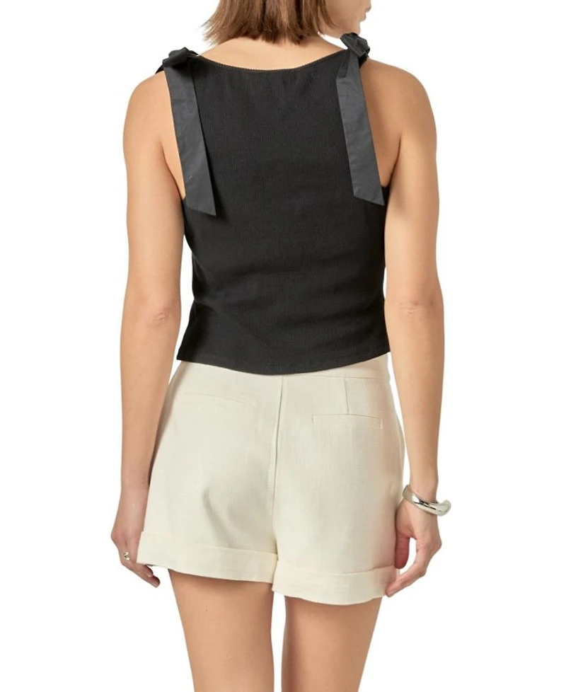 Women's Mixed Media Bow Tie Ribbed Henley