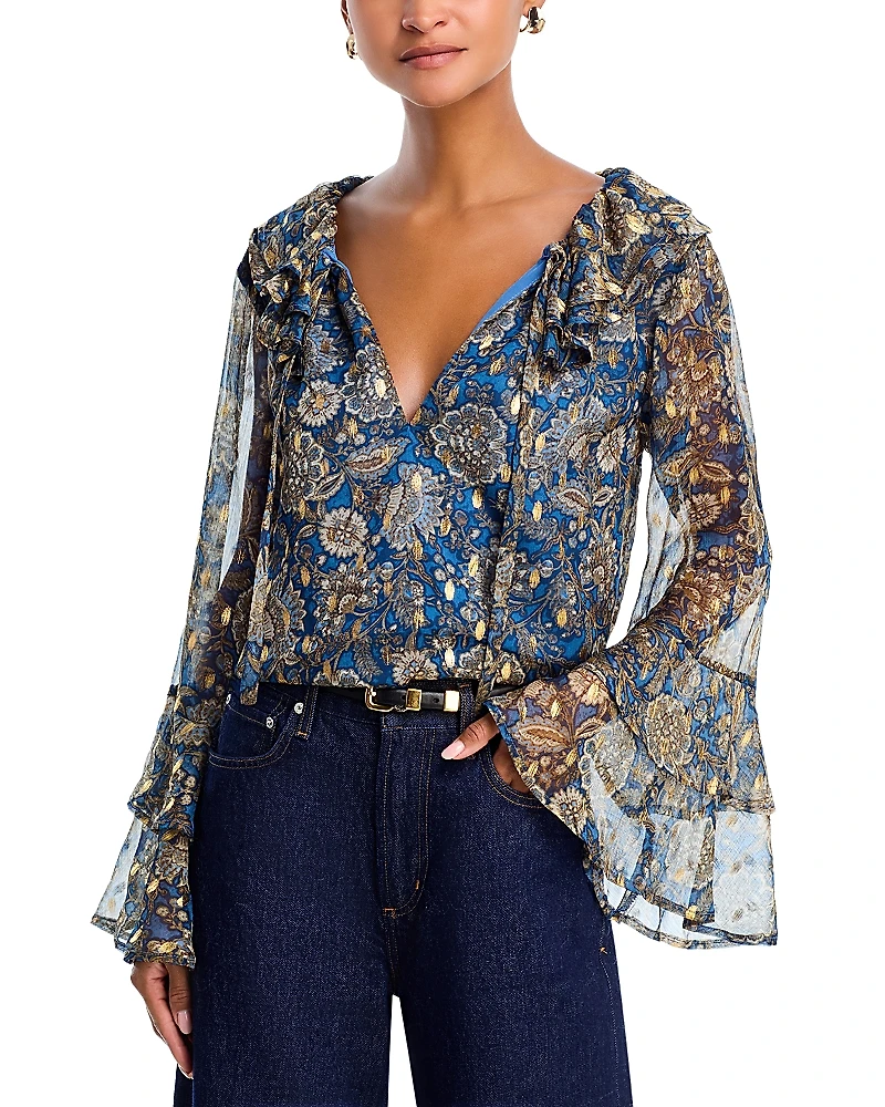 Aqua Block Floral Metallic Dot Ruffle Tie Front Blouse - Exclusive