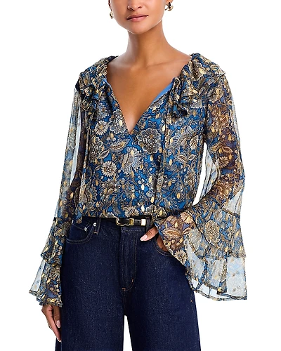 Aqua Block Floral Metallic Dot Ruffle Tie Front Blouse - Exclusive