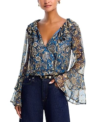 Aqua Block Floral Metallic Dot Ruffle Tie Front Blouse - Exclusive