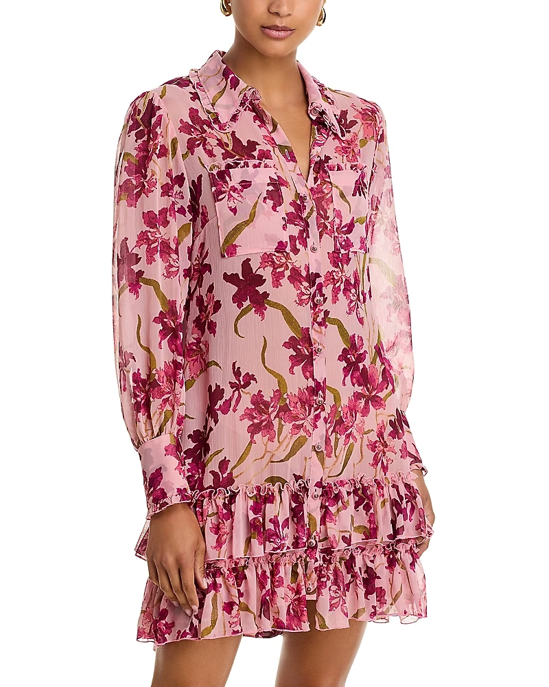 Cinq a Sept Floral Print Ruffled Hem Shirtdress