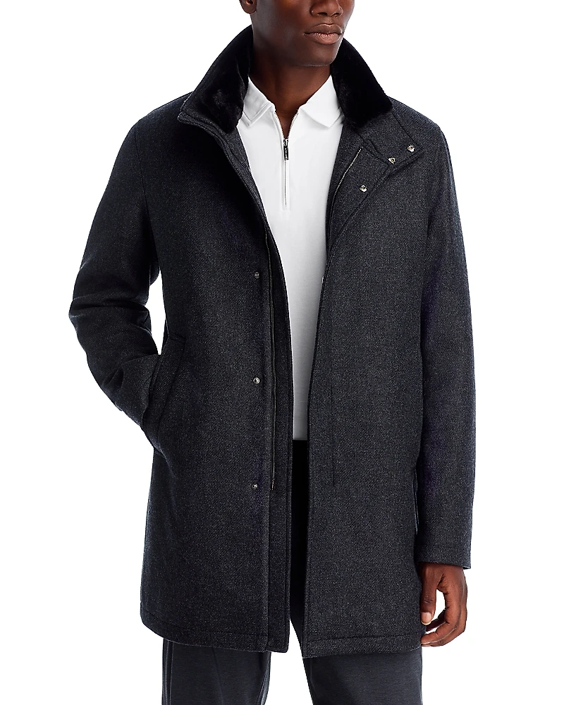 Herno Diagonal Wool & Nylon Overcoat with Removable Faux Fur Collar