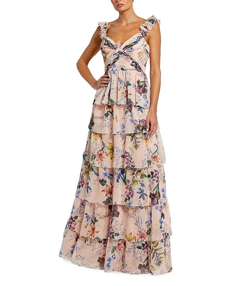 Mac Duggal Ruffle Sleeveless Chiffon Tiered Floral Print Gown