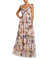 Mac Duggal Ruffle Sleeveless Chiffon Tiered Floral Print Gown