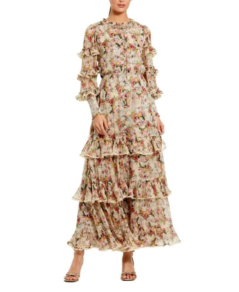 Floral Viscose Long Sleeve Ruffle Midi Dress