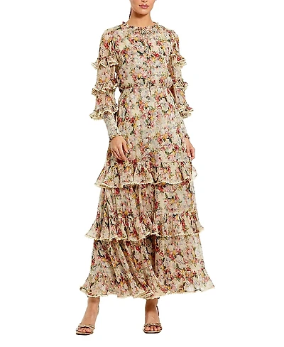 Mac Duggal Floral Viscose Long Sleeve Ruffle Midi Dress