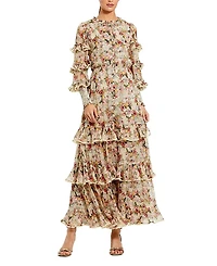 Mac Duggal Floral Viscose Long Sleeve Ruffle Midi Dress