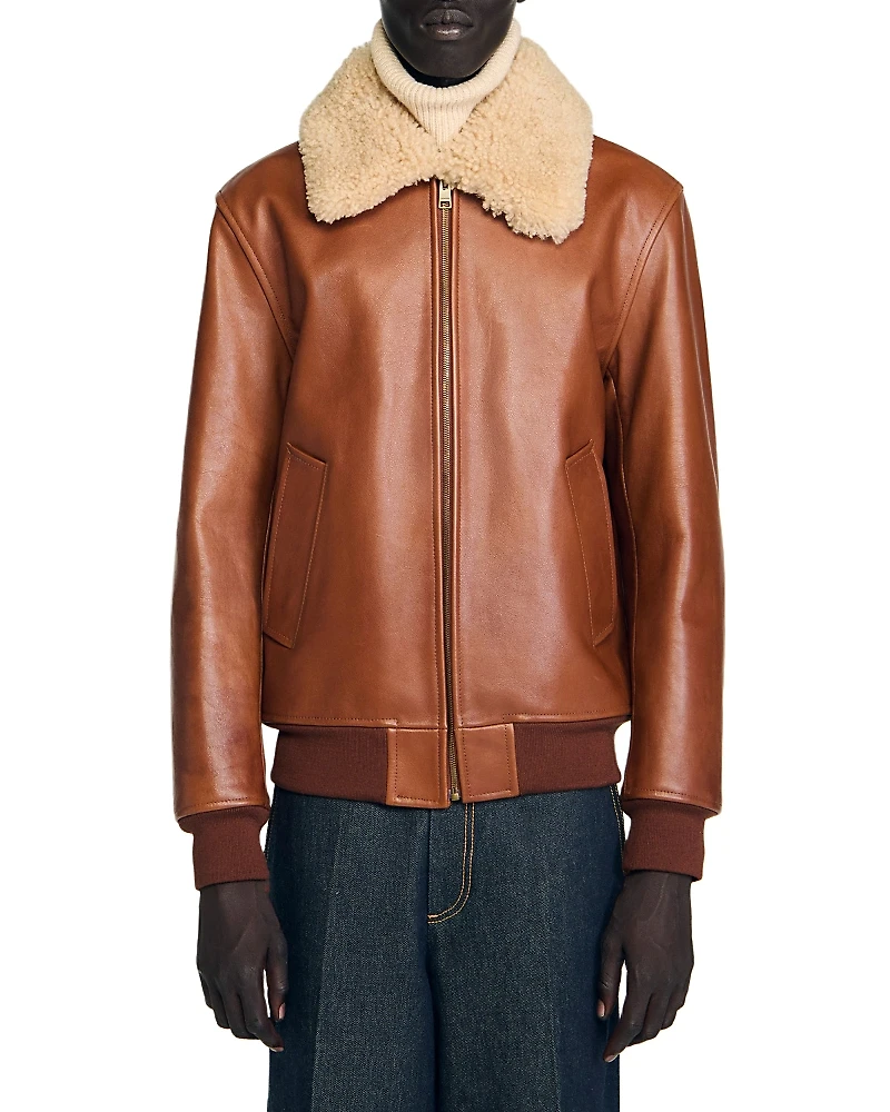 Sandro Leather Shearling Collar Jacket