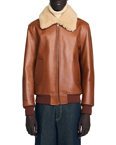 Sandro Leather Shearling Collar Jacket
