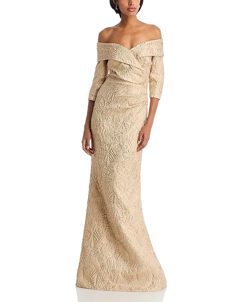 Teri Jon by Rickie Freeman Off-the-Shoulder Metallic Jacquard Gown