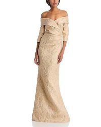 Teri Jon by Rickie Freeman Off-the-Shoulder Metallic Jacquard Gown