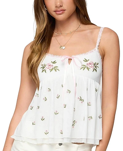 Edikted Embroidered Layered Mesh Babydoll Top